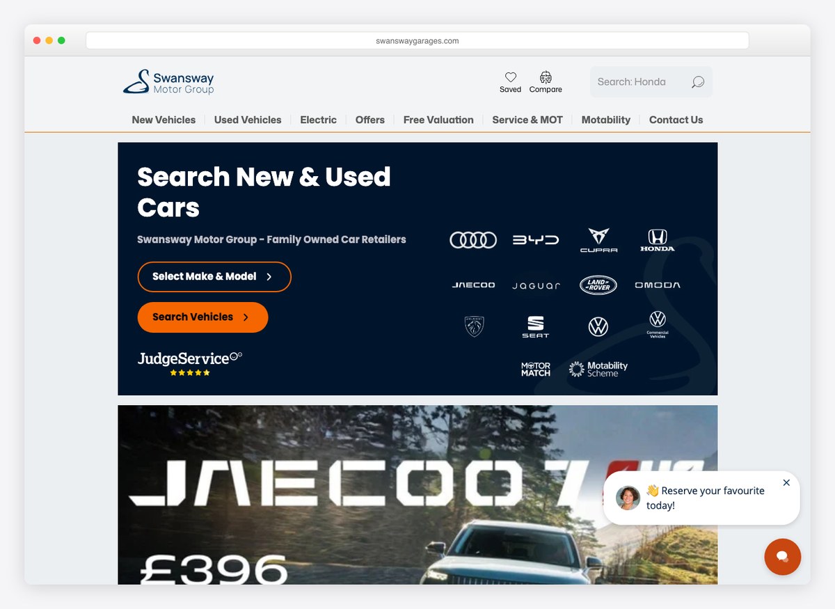 Swansway Motor Group car dealer website homepage