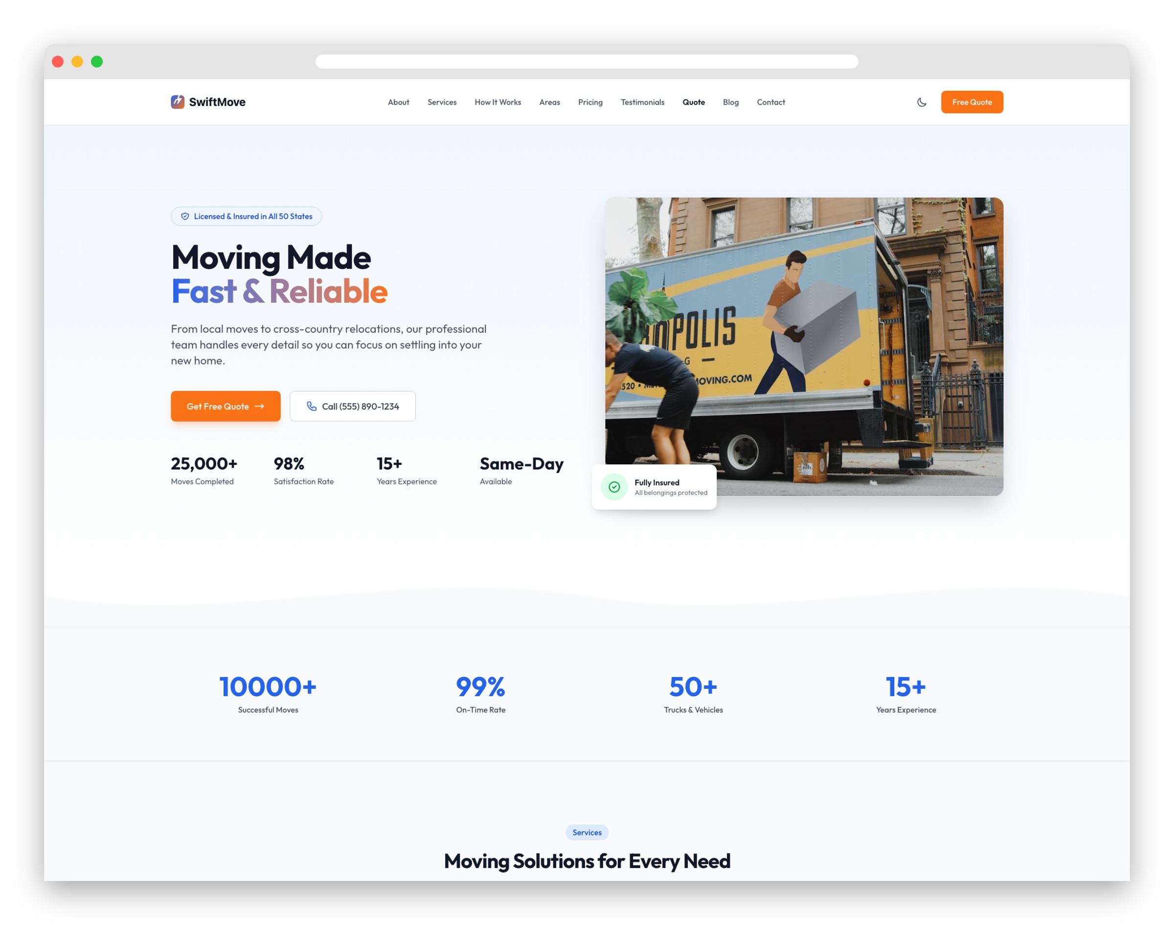 SwiftMove - Tailwind CSS Moving Company Landing Page Template