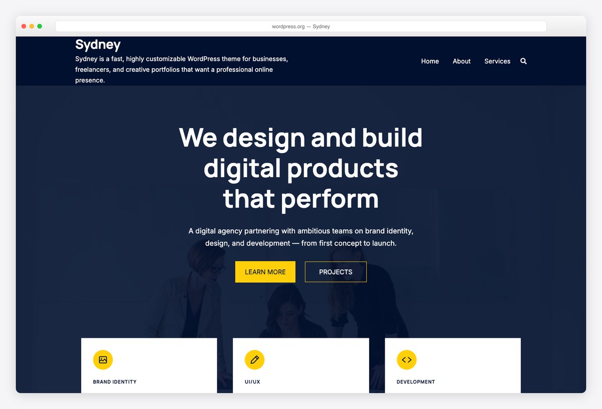 Sydney free WordPress theme demo with block-based homepage sections