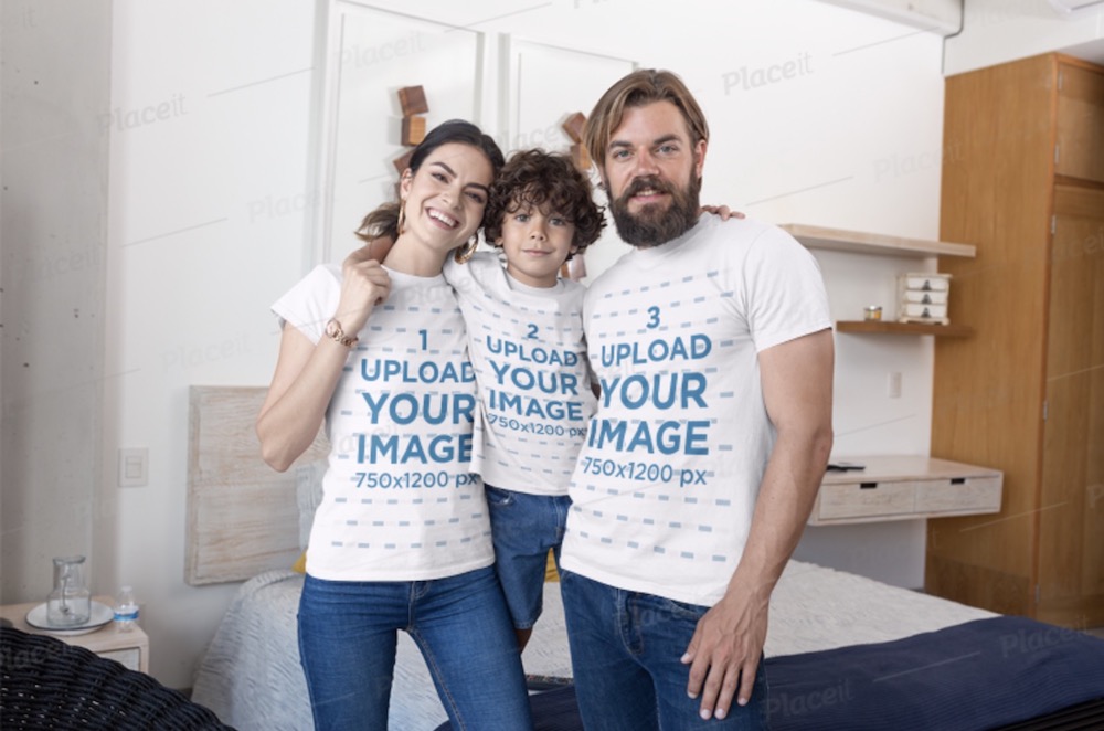 t-shirt mockup featuring a family of three posing in the bedroom