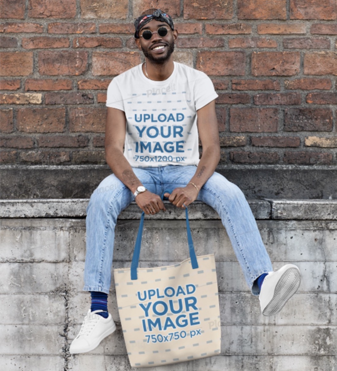 t-shirt mockup of a man with a tote bag