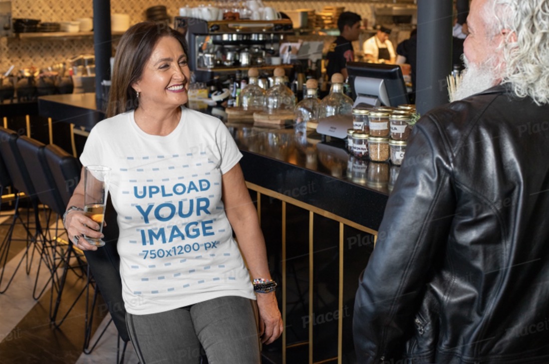 t-shirt mockup of a middle aged woman having fun at a bar