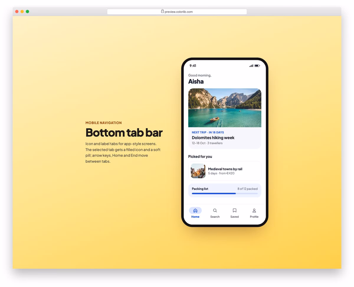 Tabs V04: mobile bottom tab bar with icon and label tabs