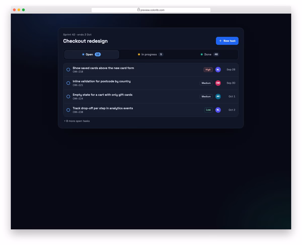Tabs V09: dark dashboard status tabs with count badges
