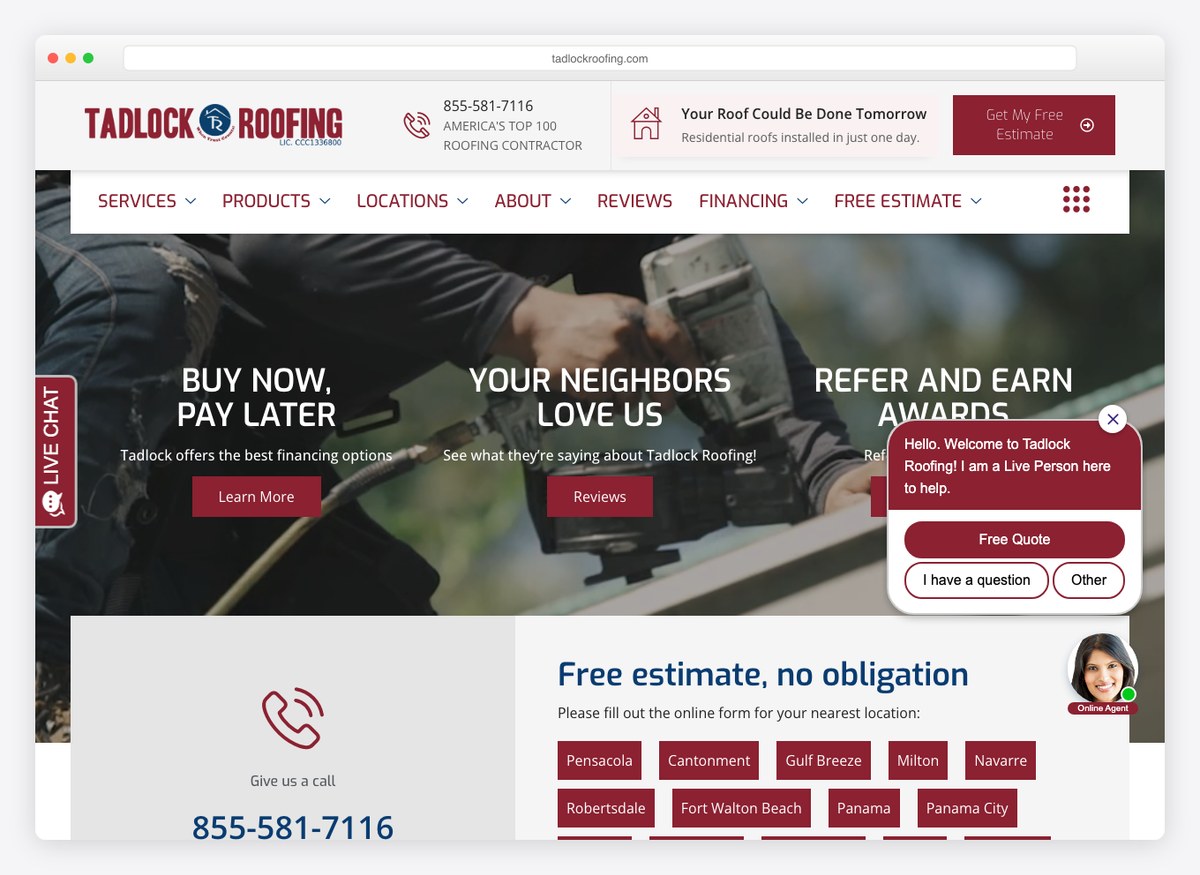Tadlock Roofing roofing company website homepage