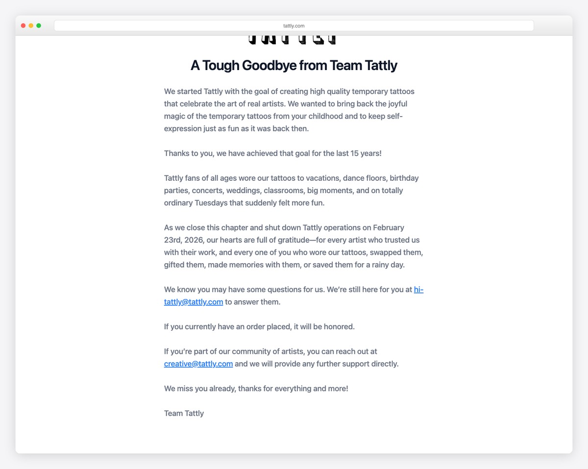 Tattly website footer with playful design and shop links