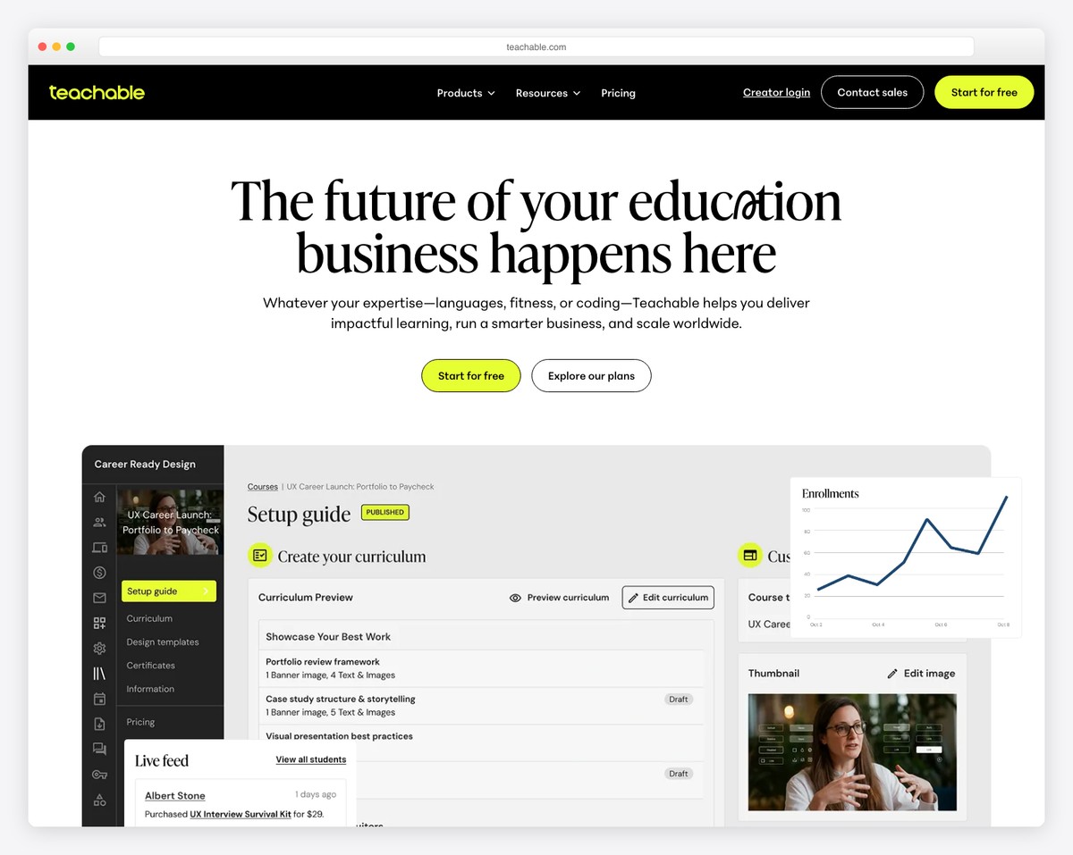 Teachable online course platform with course builder, sales pages, and student dashboard