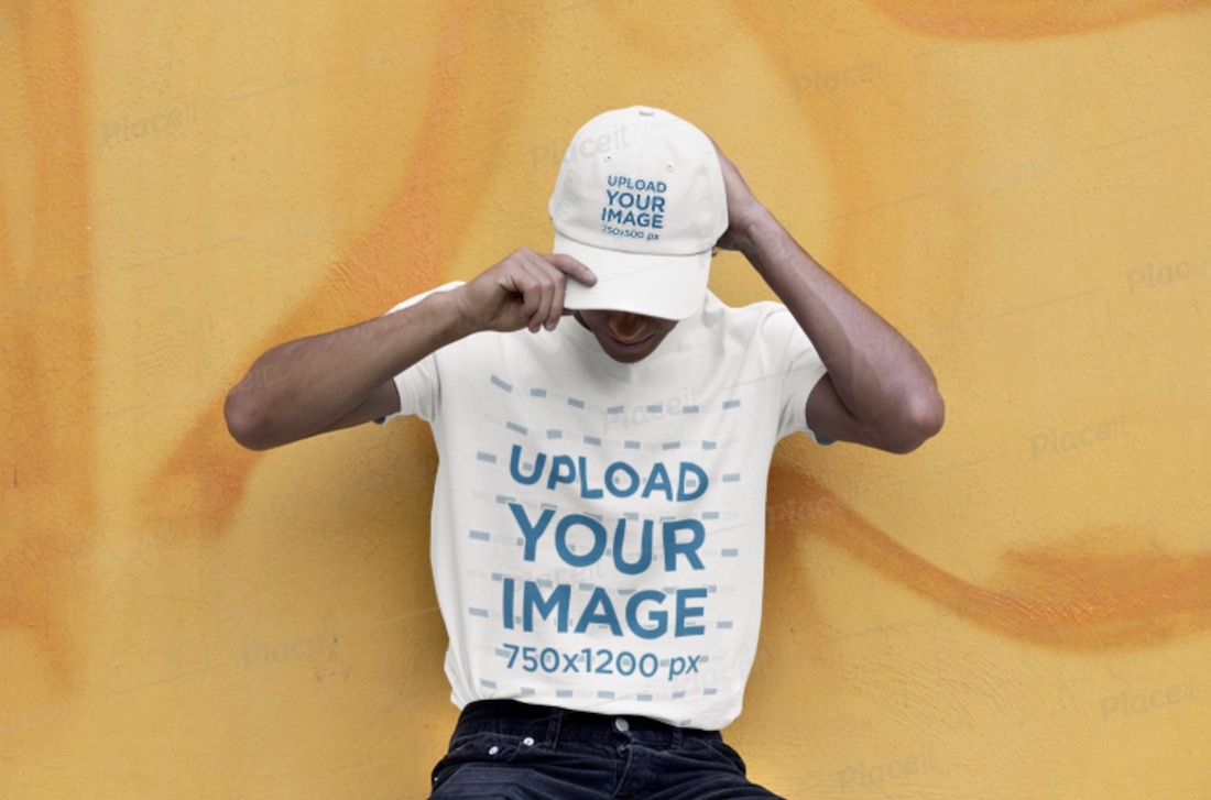 tee mockup featuring a man with a baseball cap