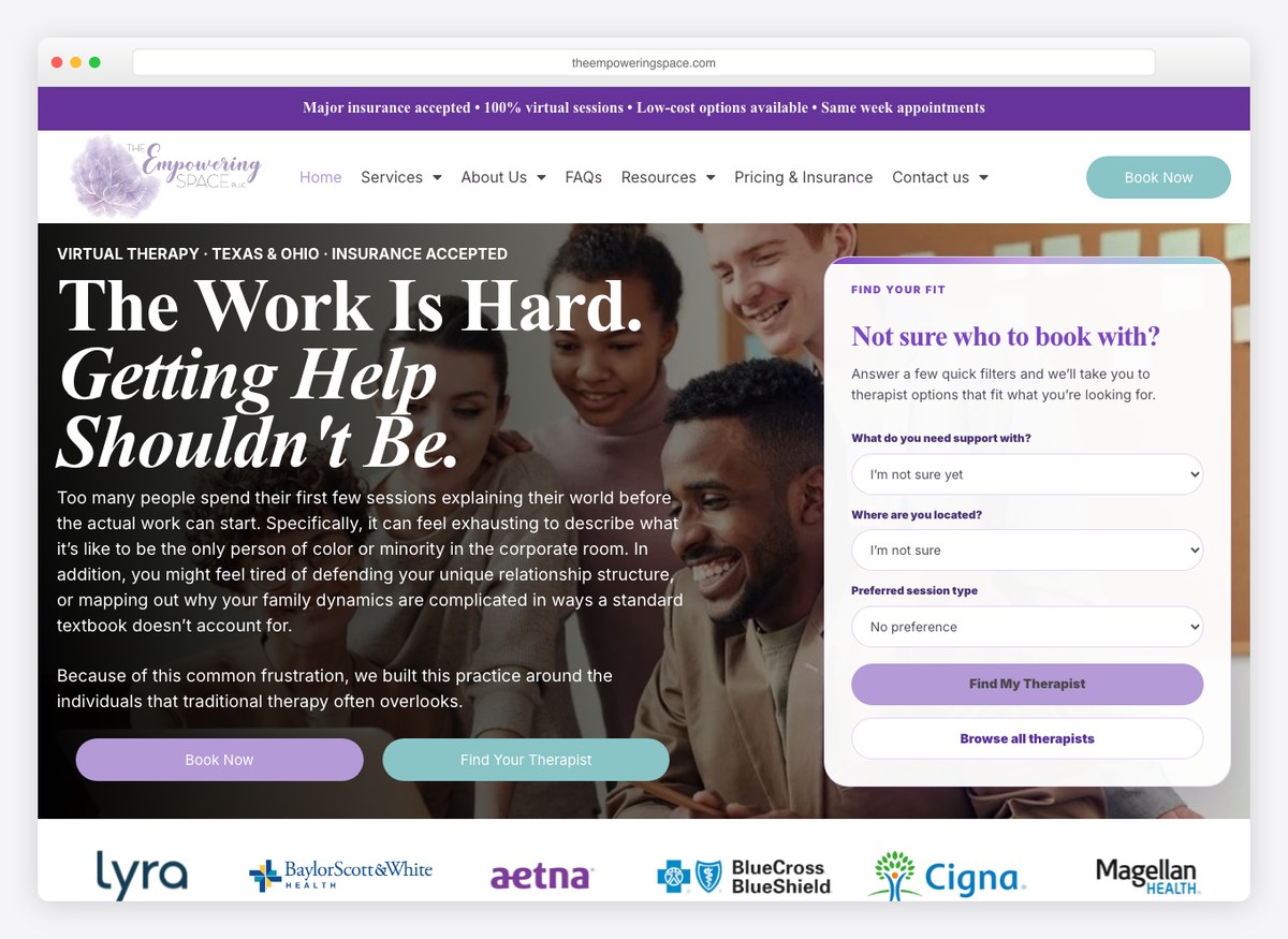 The Empowering Space therapist website homepage