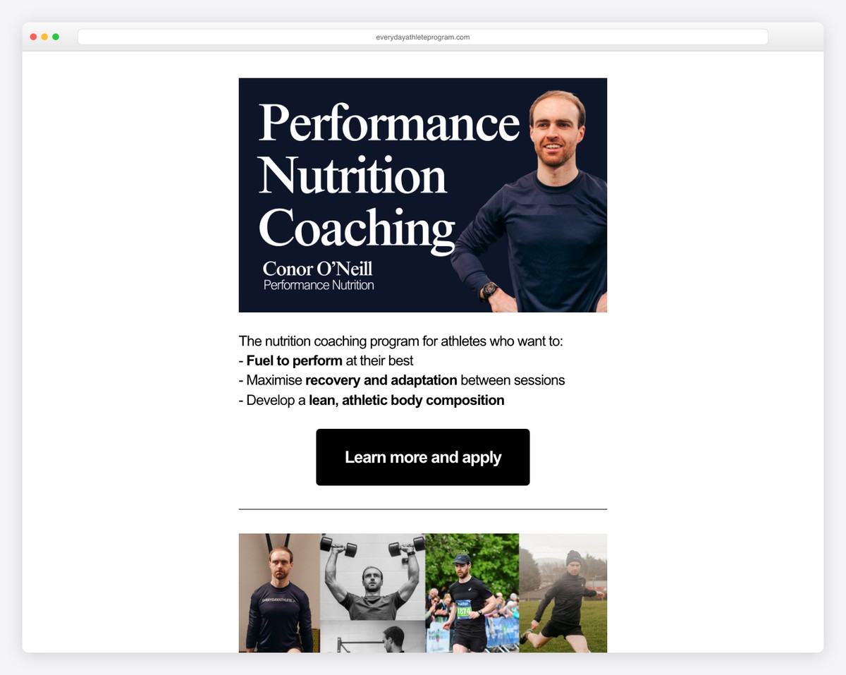 the everyday athlete squarespace landing page example