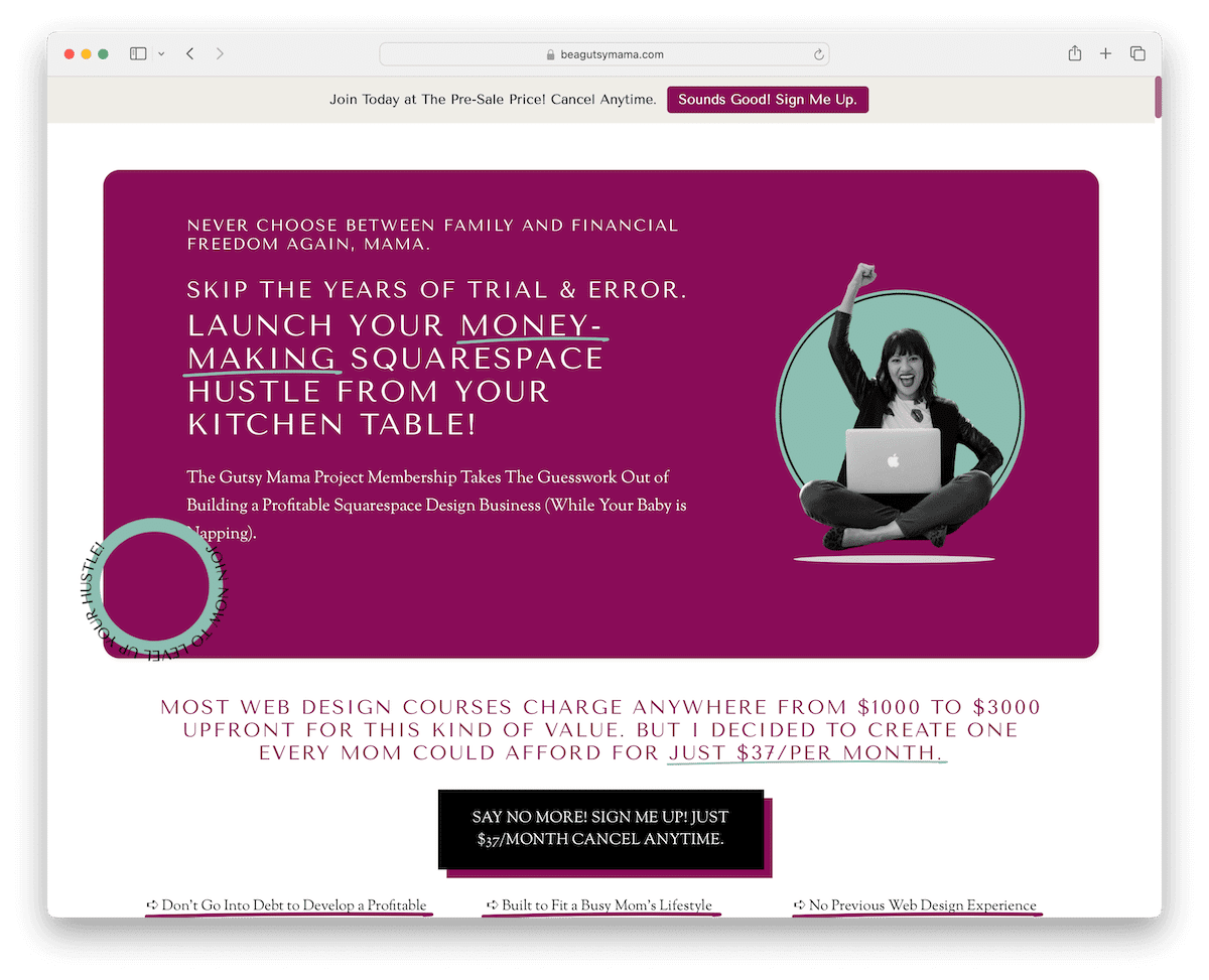 the gutsy mama project squarespace landing page example