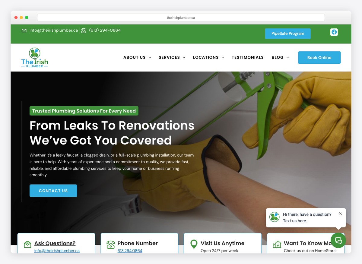 The Irish Plumber plumbing website homepage