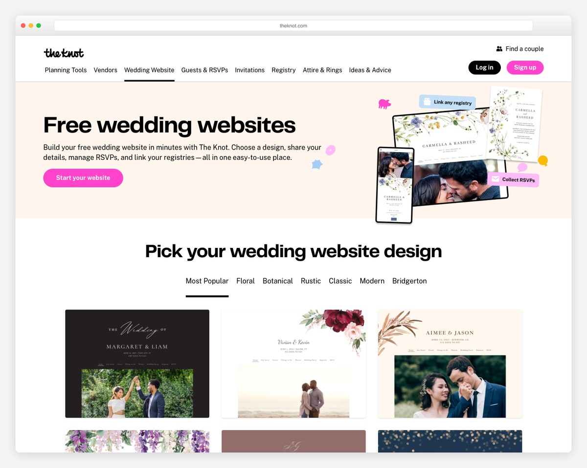 The Knot wedding website builder showing RSVP management and registry tools