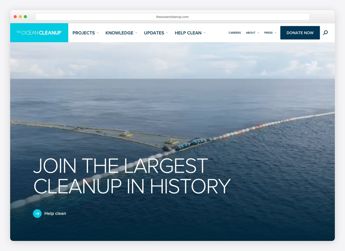 The Ocean Cleanup charity website homepage