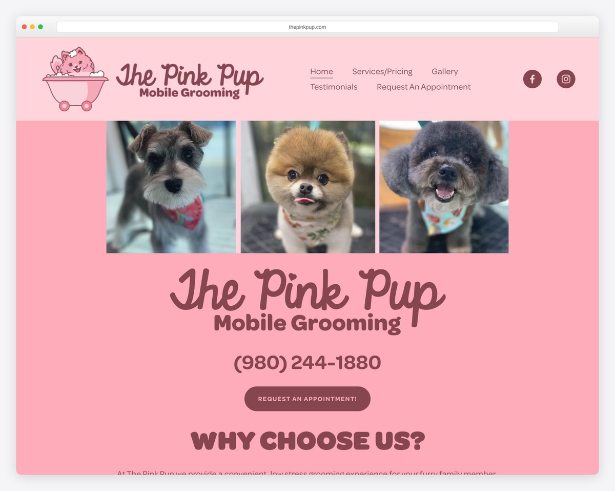 the pink pup mobile grooming website