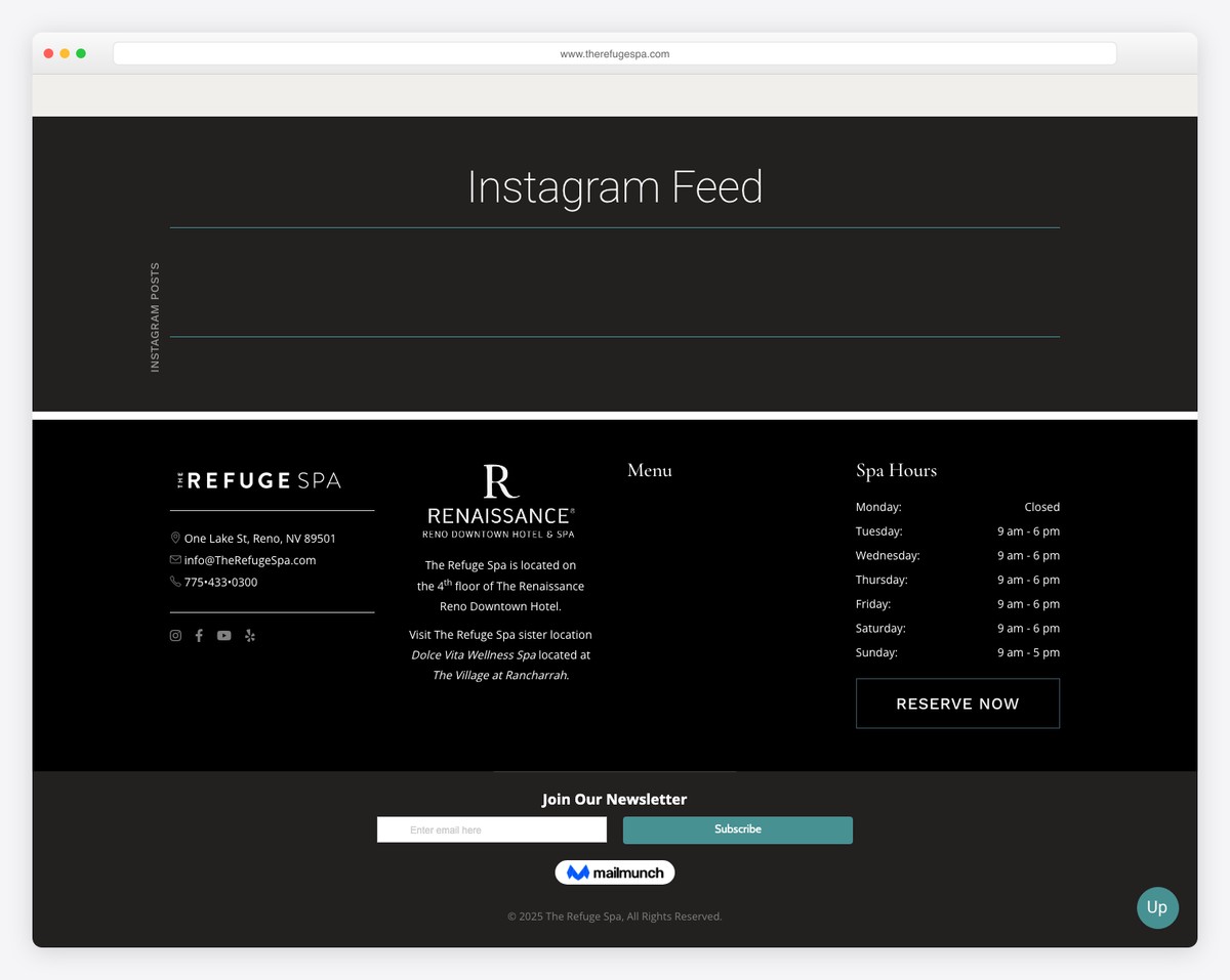 The Refuge Spa footer with booking links and location info