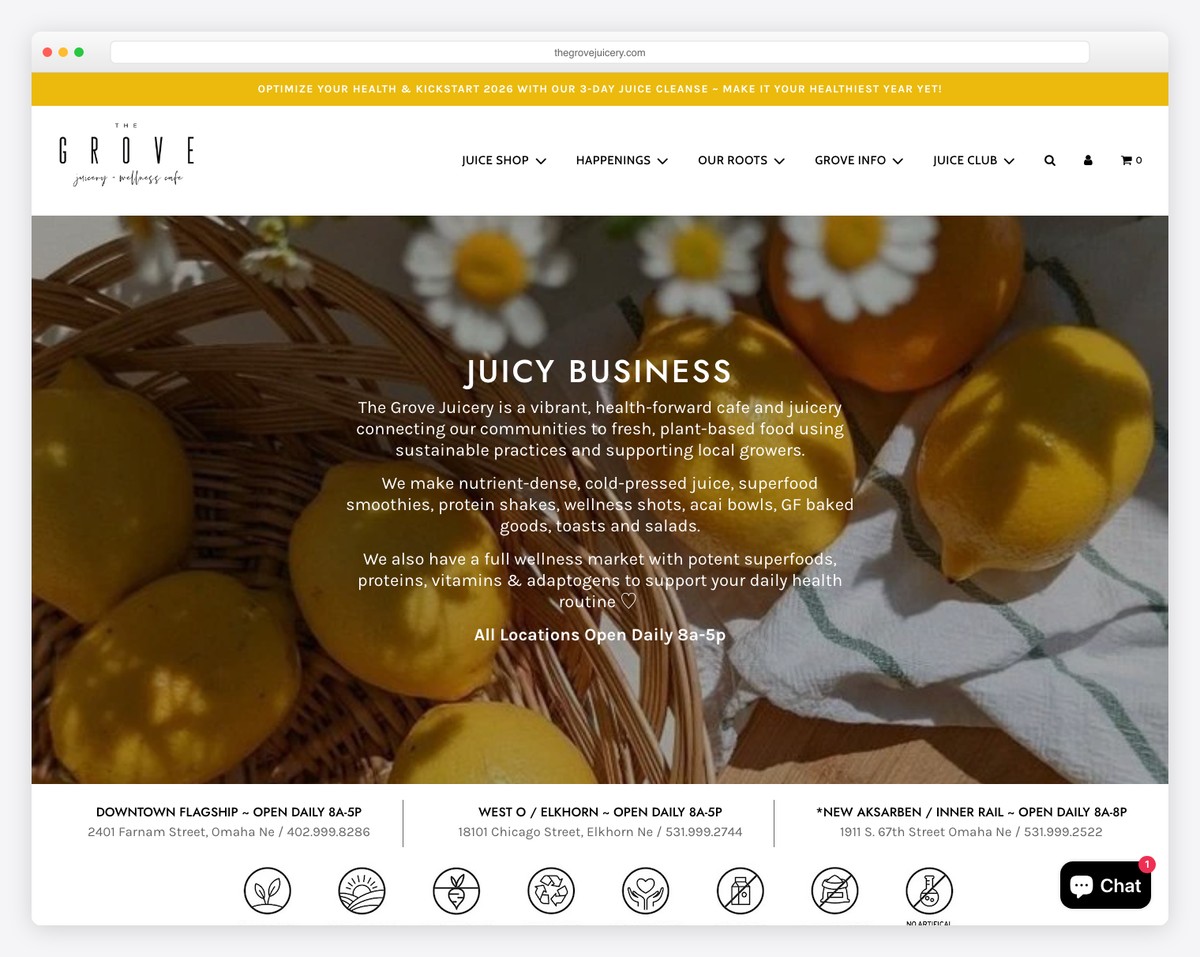 the grove juicery + wellness cafe website example