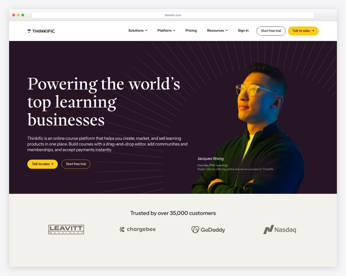 Thinkific course platform with drag-and-drop course builder and student progress tracking