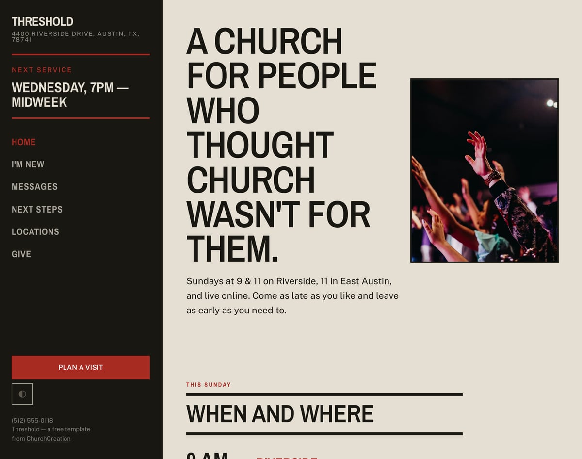 Threshold free church website template with a side navigation rail and next-service panel
