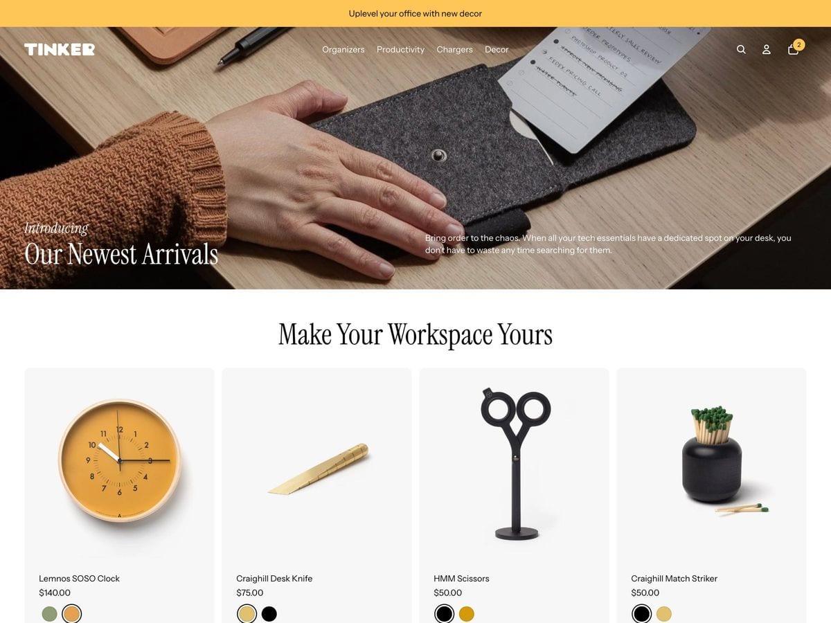 Tinker free Shopify theme homepage for a desk and workspace goods store