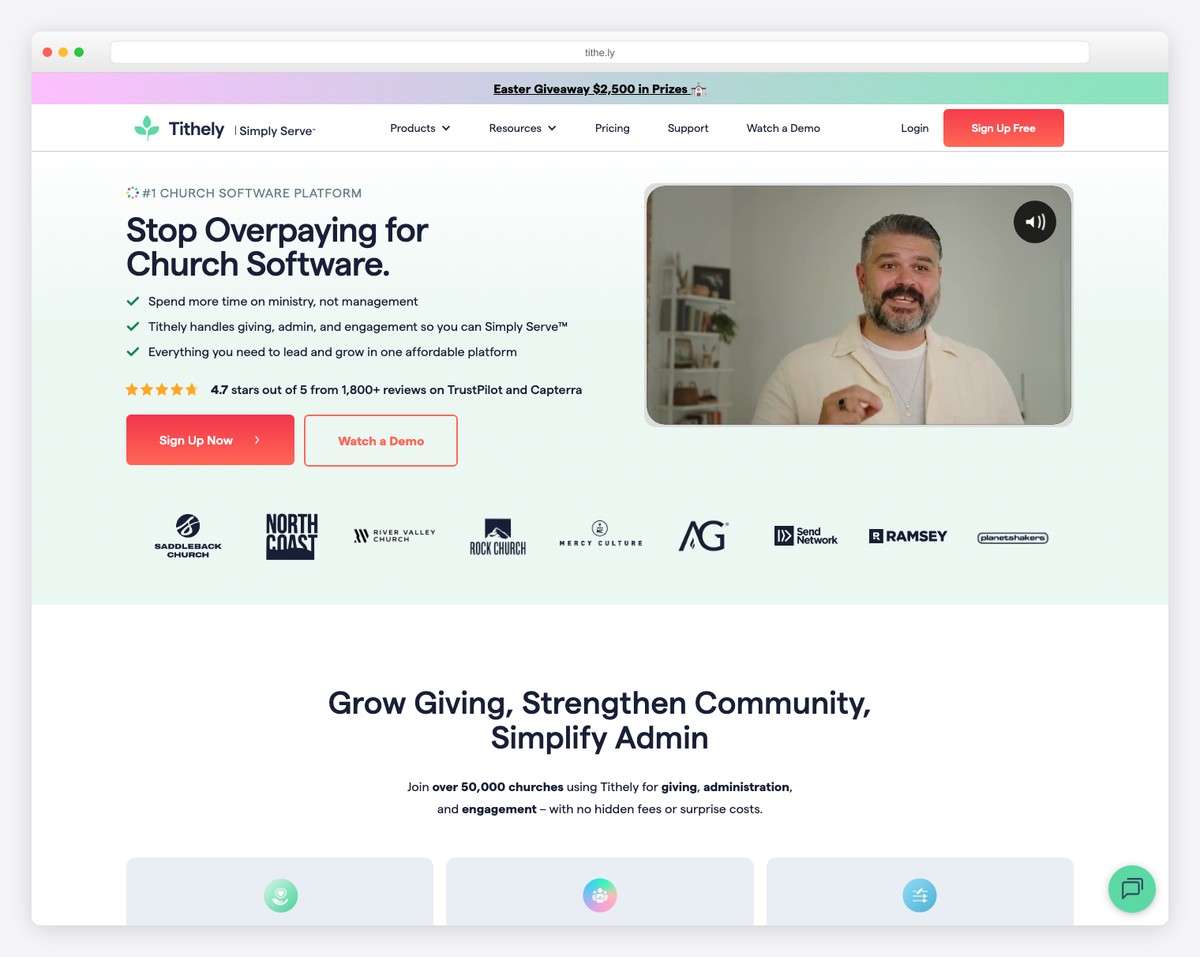 Tithe.ly Sites church website builder with integrated online giving and sermon management dashboard