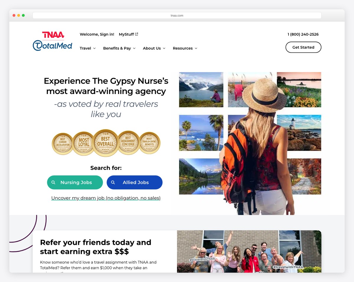 travel nurse across america (tnaa) website example