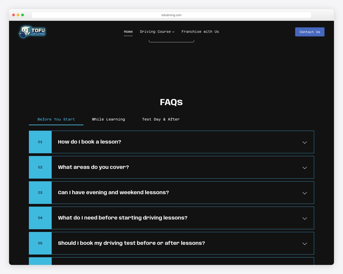 tofu driving website example