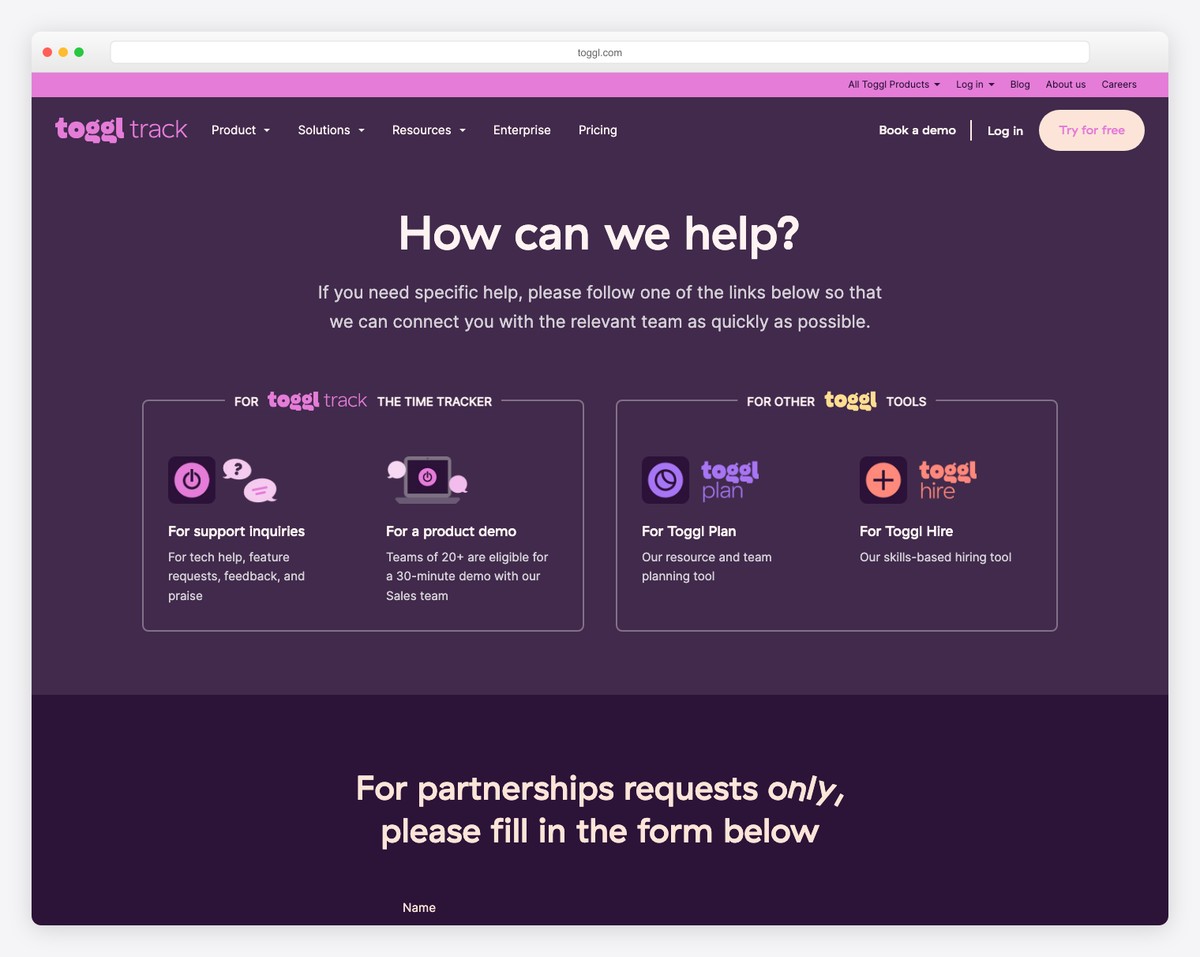 toggl track contact page example