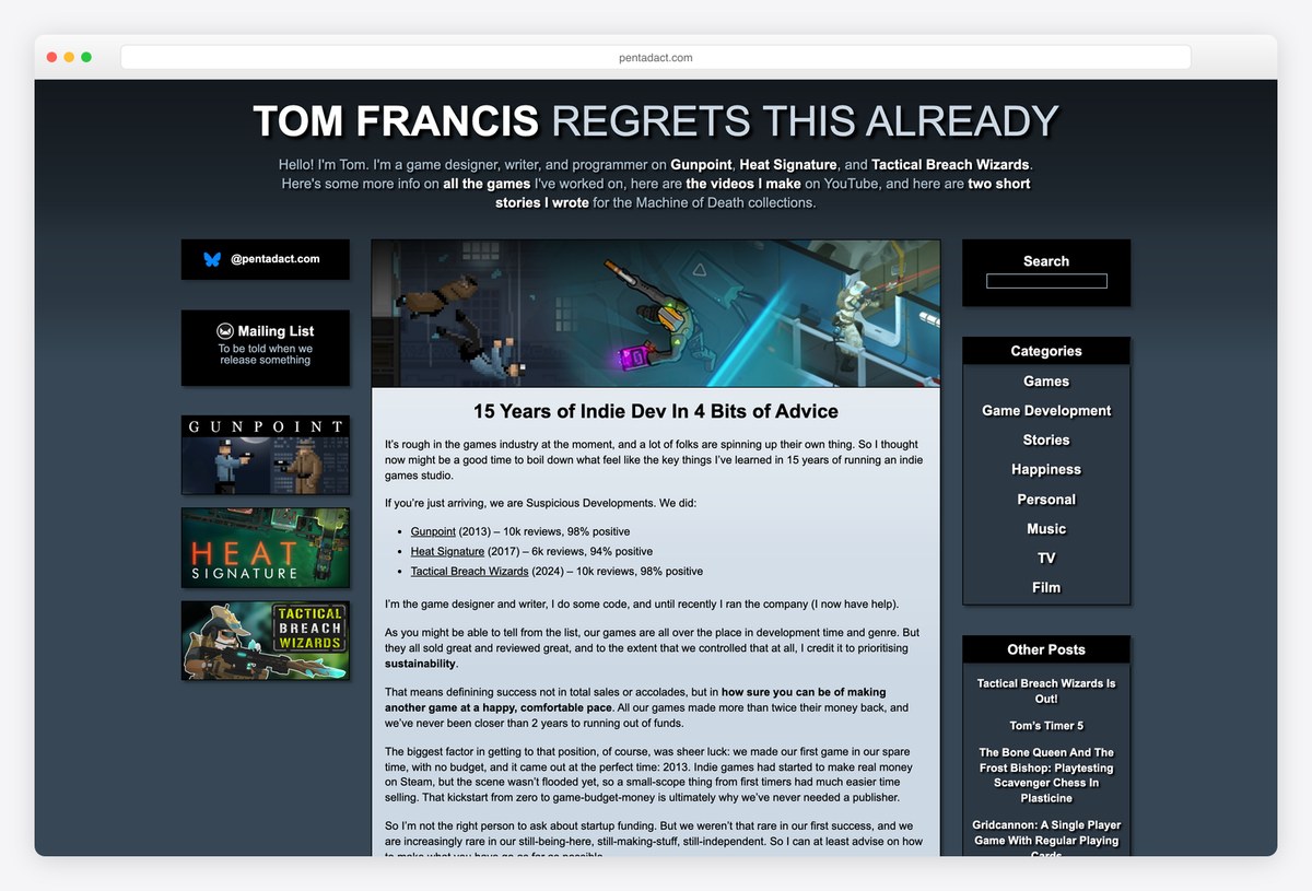 Tom Francis indie game developer website