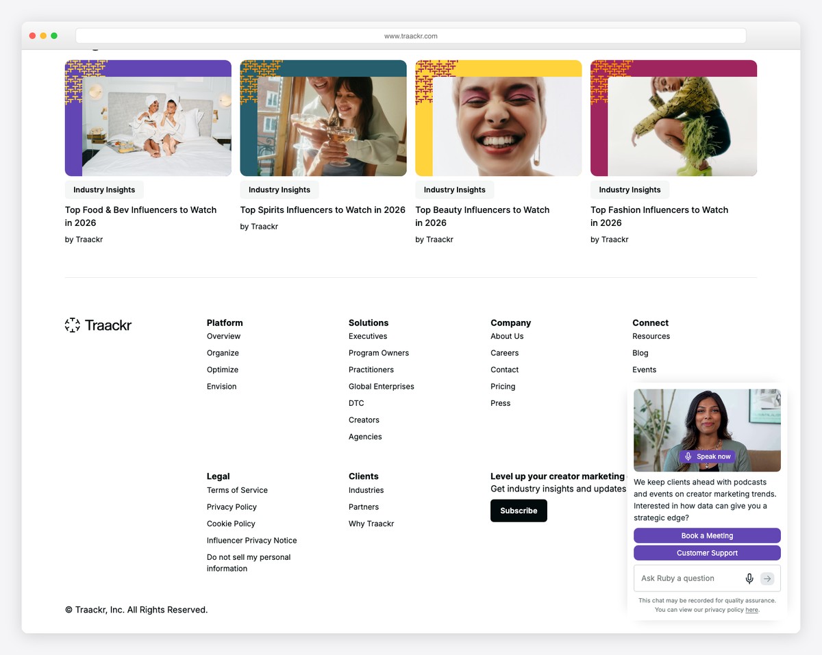 Traackr website footer with enterprise SaaS navigation