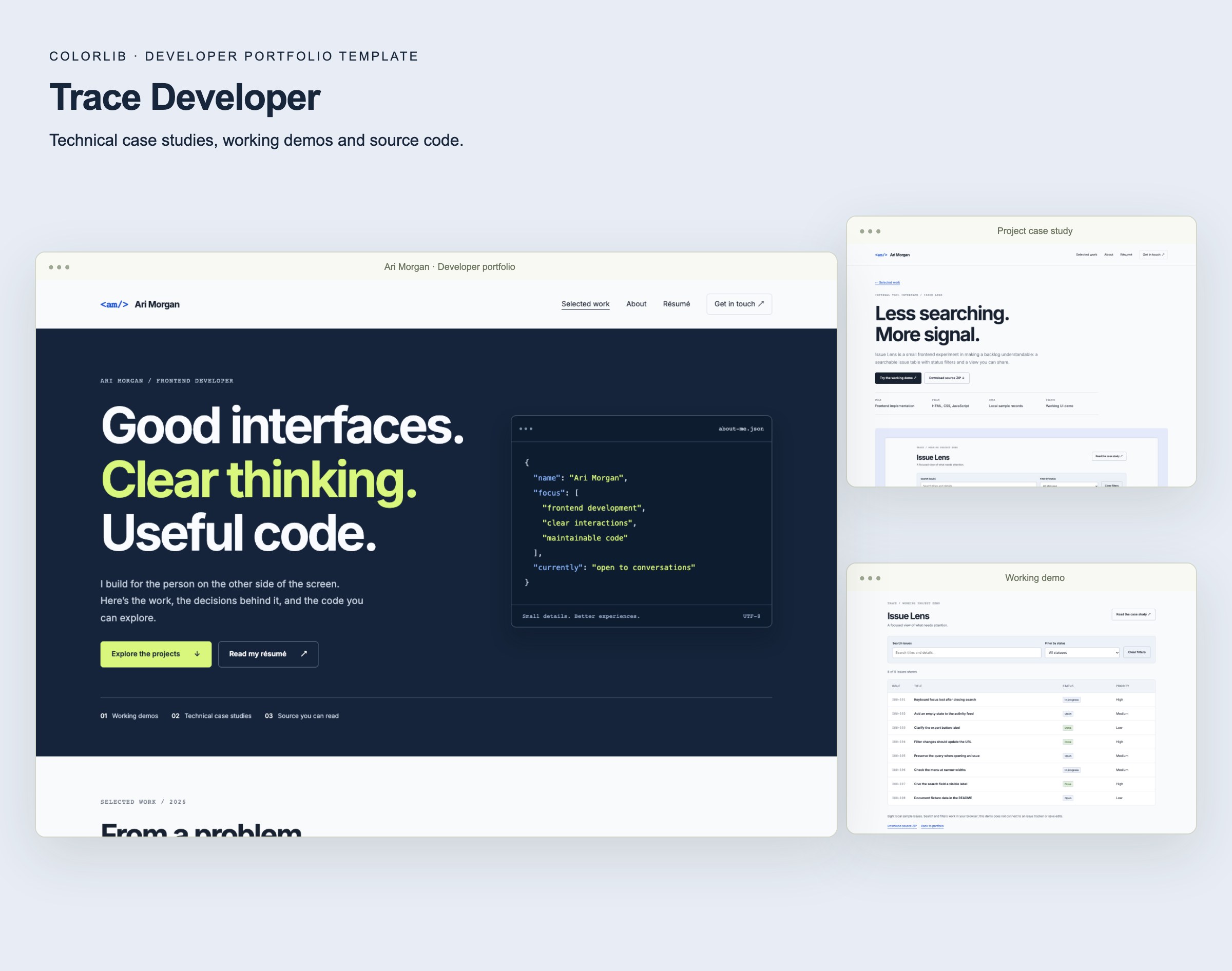 Trace Developer portfolio homepage, technical case study and working demo screenshots