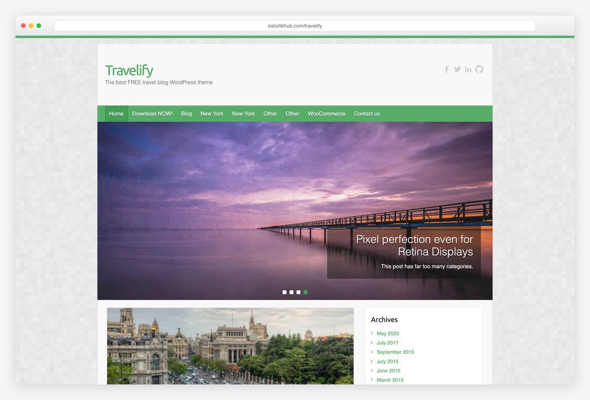 Travelify free WordPress theme with a featured image slider