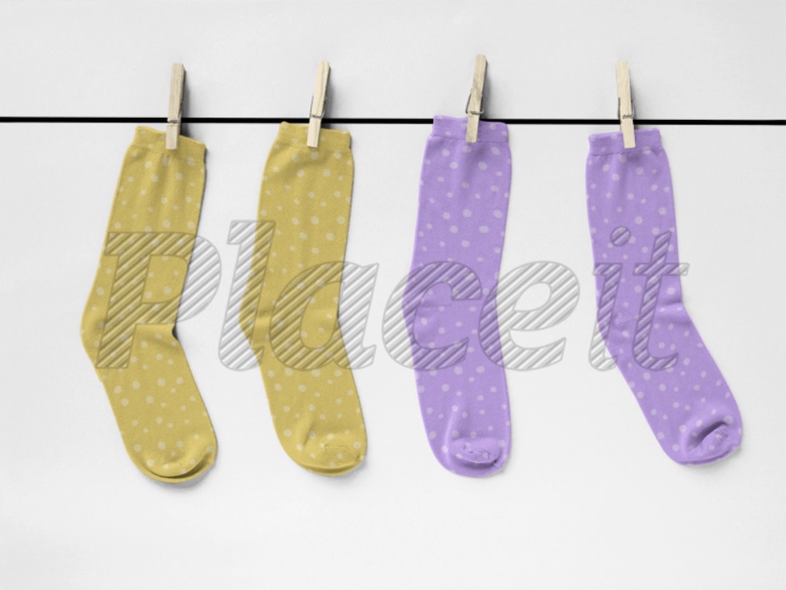 two pairs of socks mockup hanging on a rope