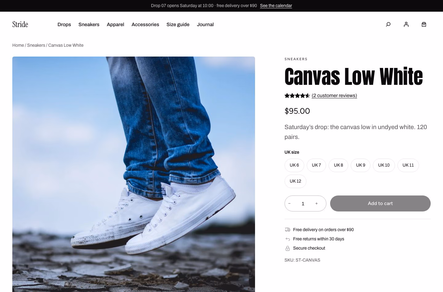 A Tyche product page, with sizes as buttons