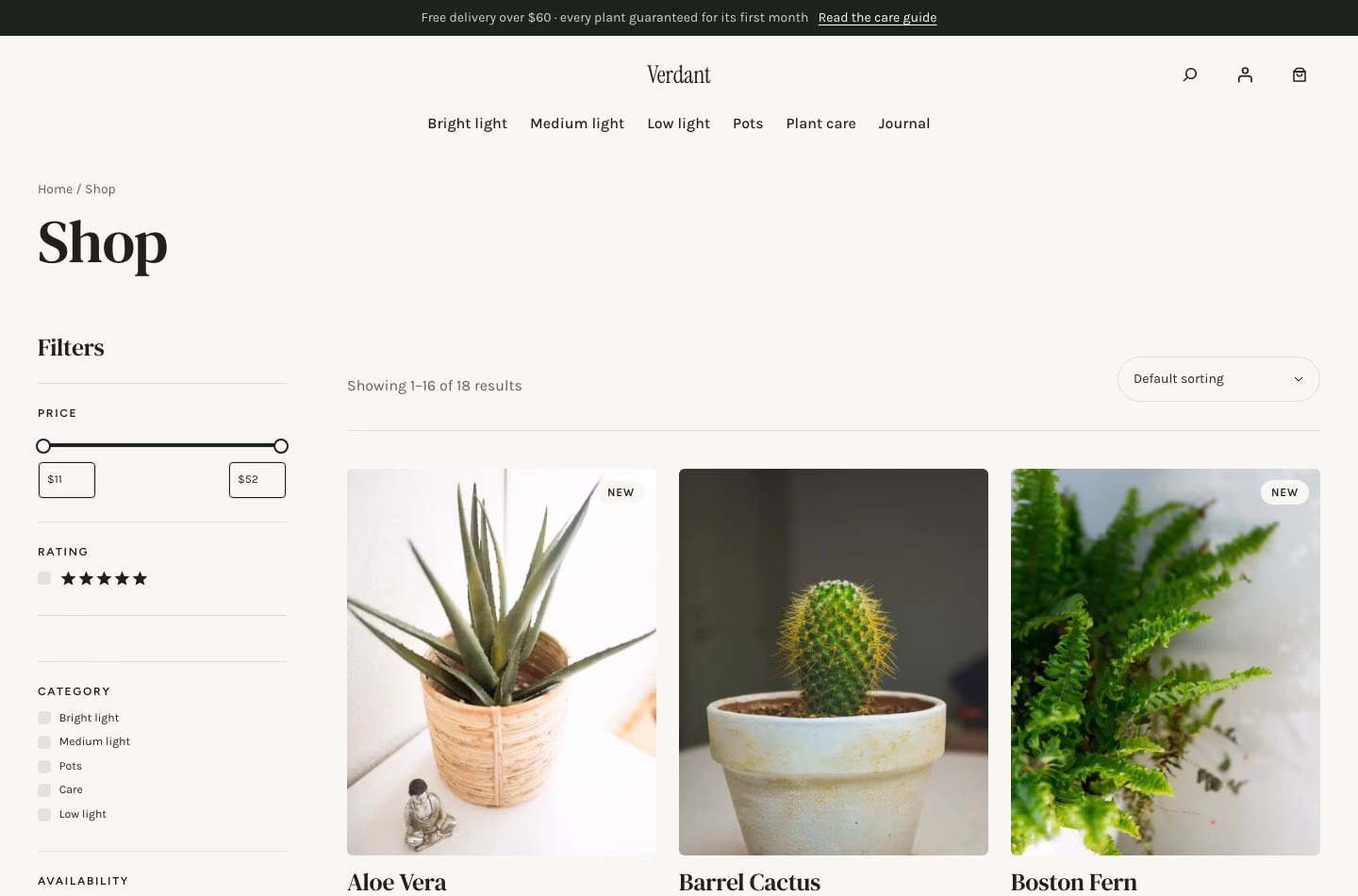 The Tyche shop page, with filters beside the product grid