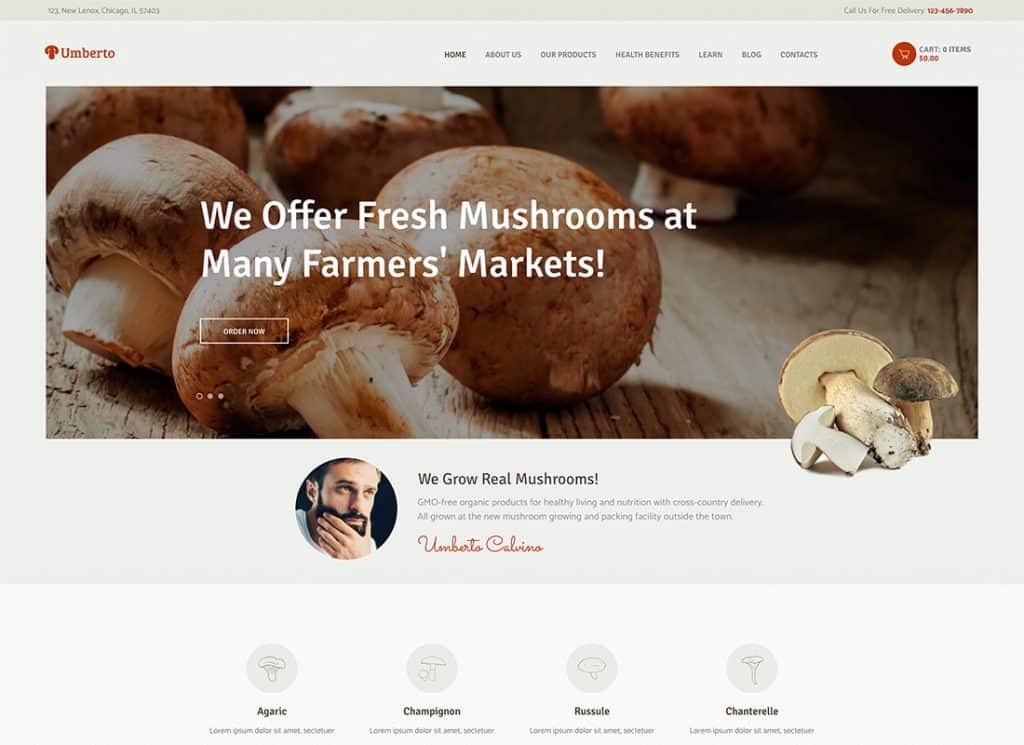 Umberto - Mushroom Farm & Organic Products Store WordPress Theme
