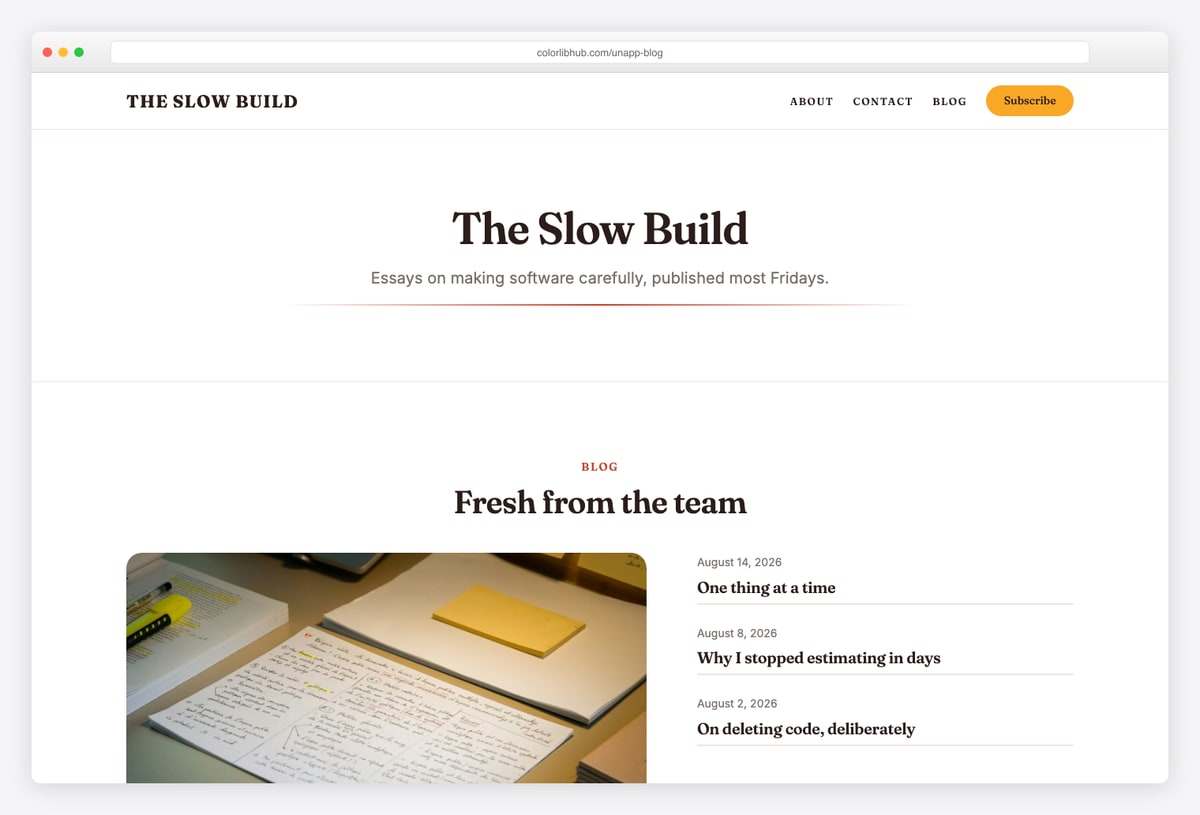 Unapp blog starter site, a minimalist WordPress block theme by Colorlib