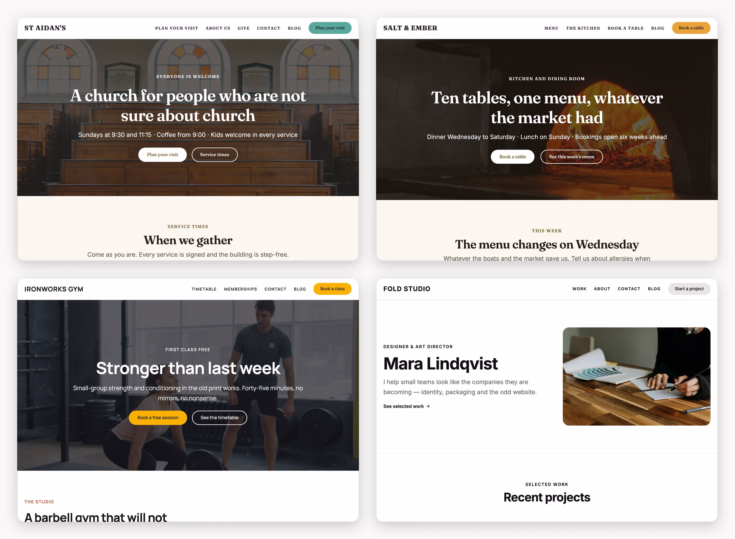 Four Unapp starter sites: church, restaurant, gym and portfolio