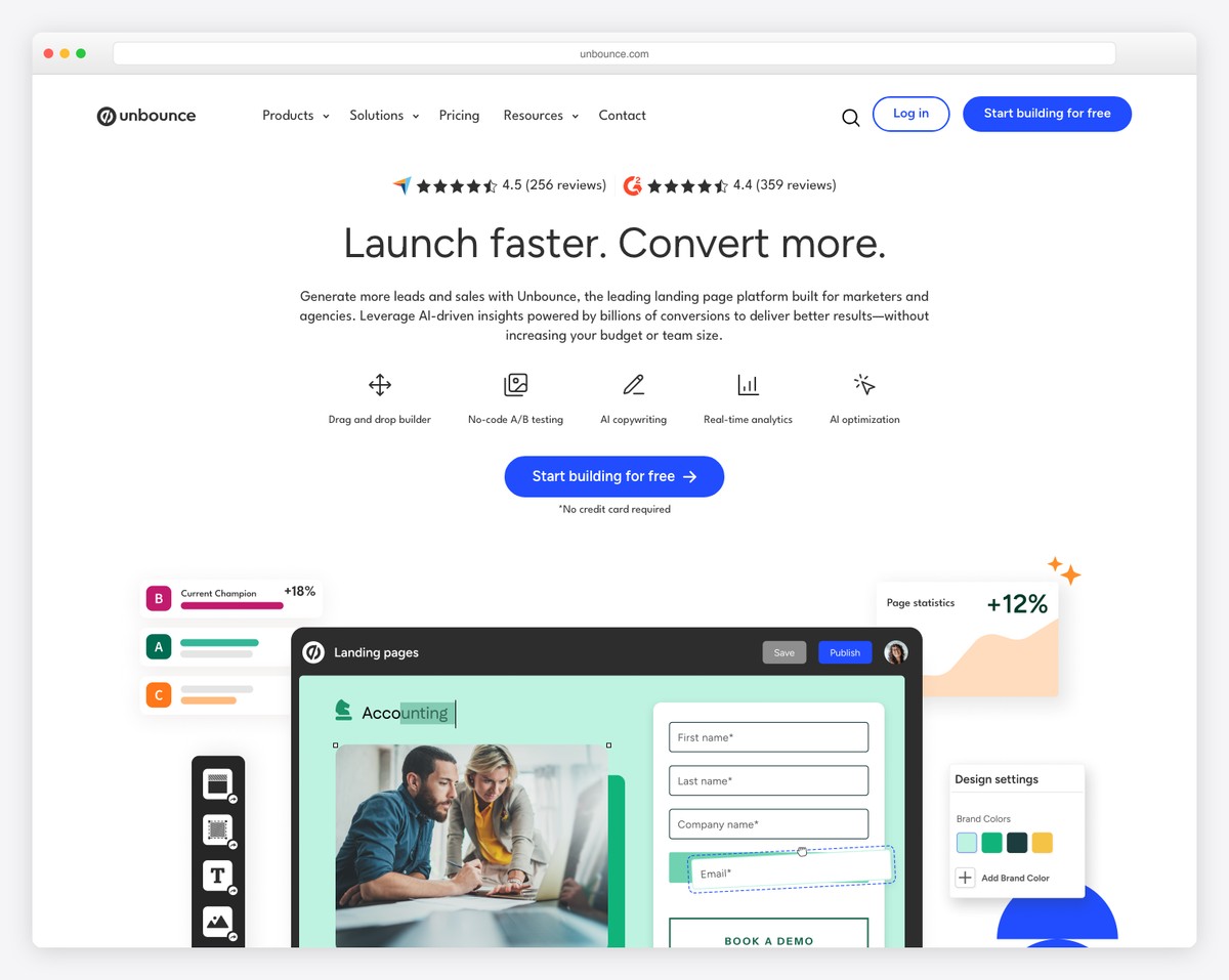 Unbounce landing page builder showing Smart Traffic AI optimization and conversion analytics dashboard