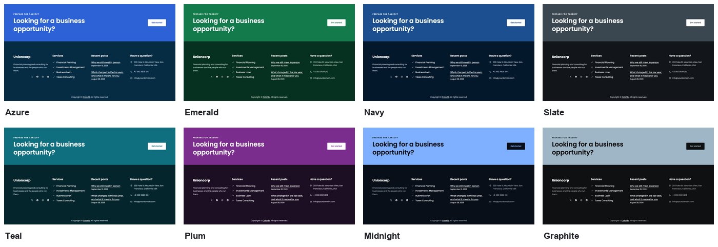 The Unioncorp call-to-action band and footer in each of its eight colour palettes: Azure, Emerald, Navy, Slate, Teal, Plum, Midnight and Graphite