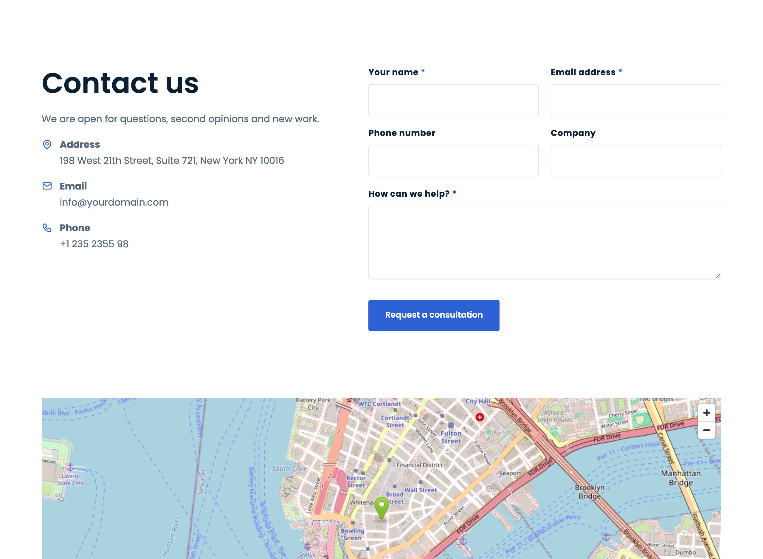 Unioncorp contact page: address, email and phone with icons beside the built-in enquiry form, and a map beneath