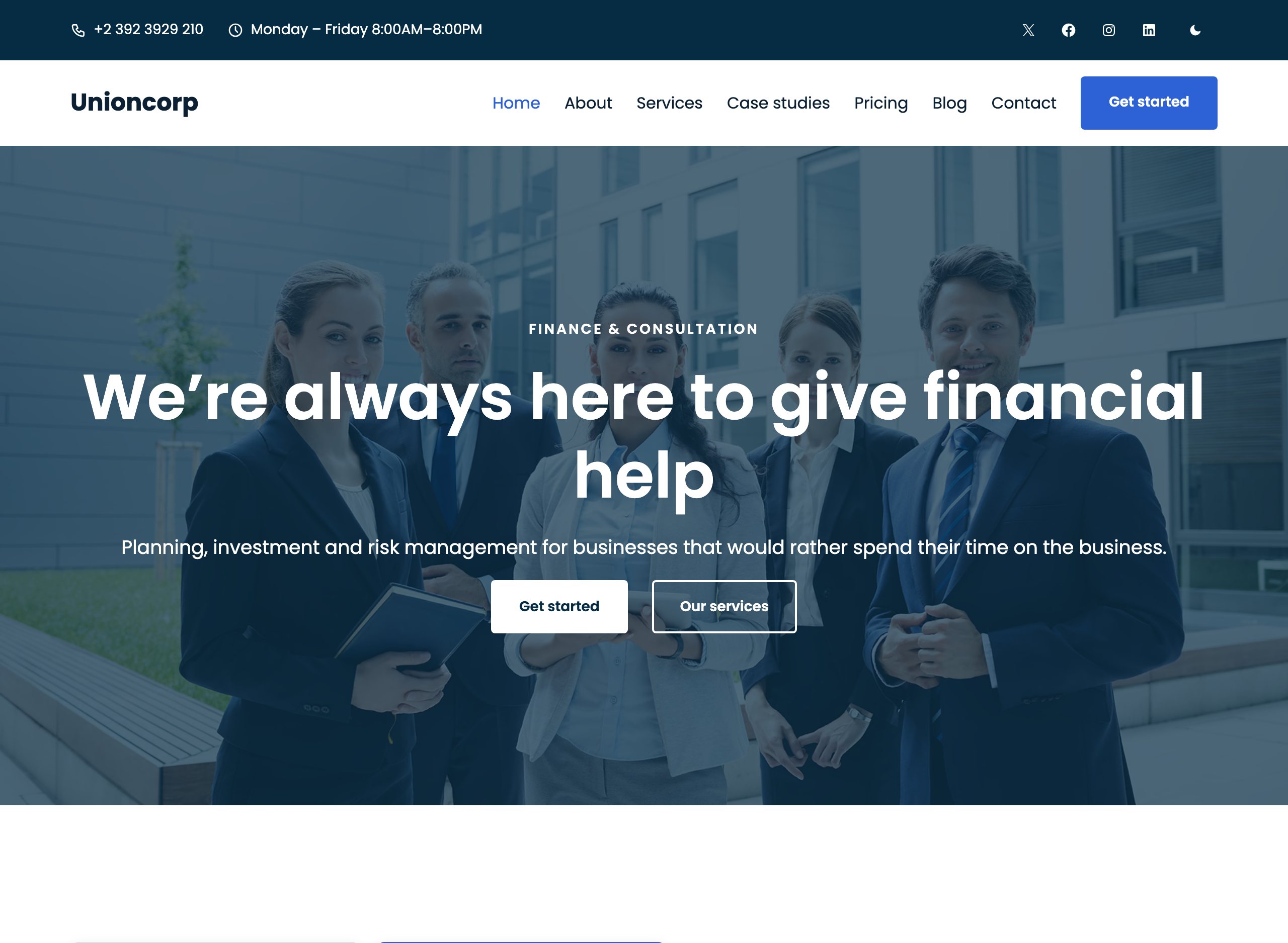Unioncorp home page: a top bar with phone, opening hours and social icons, a one-line menu, and a photograph of a team of consultants behind the headline “We’re always here to give financial help”