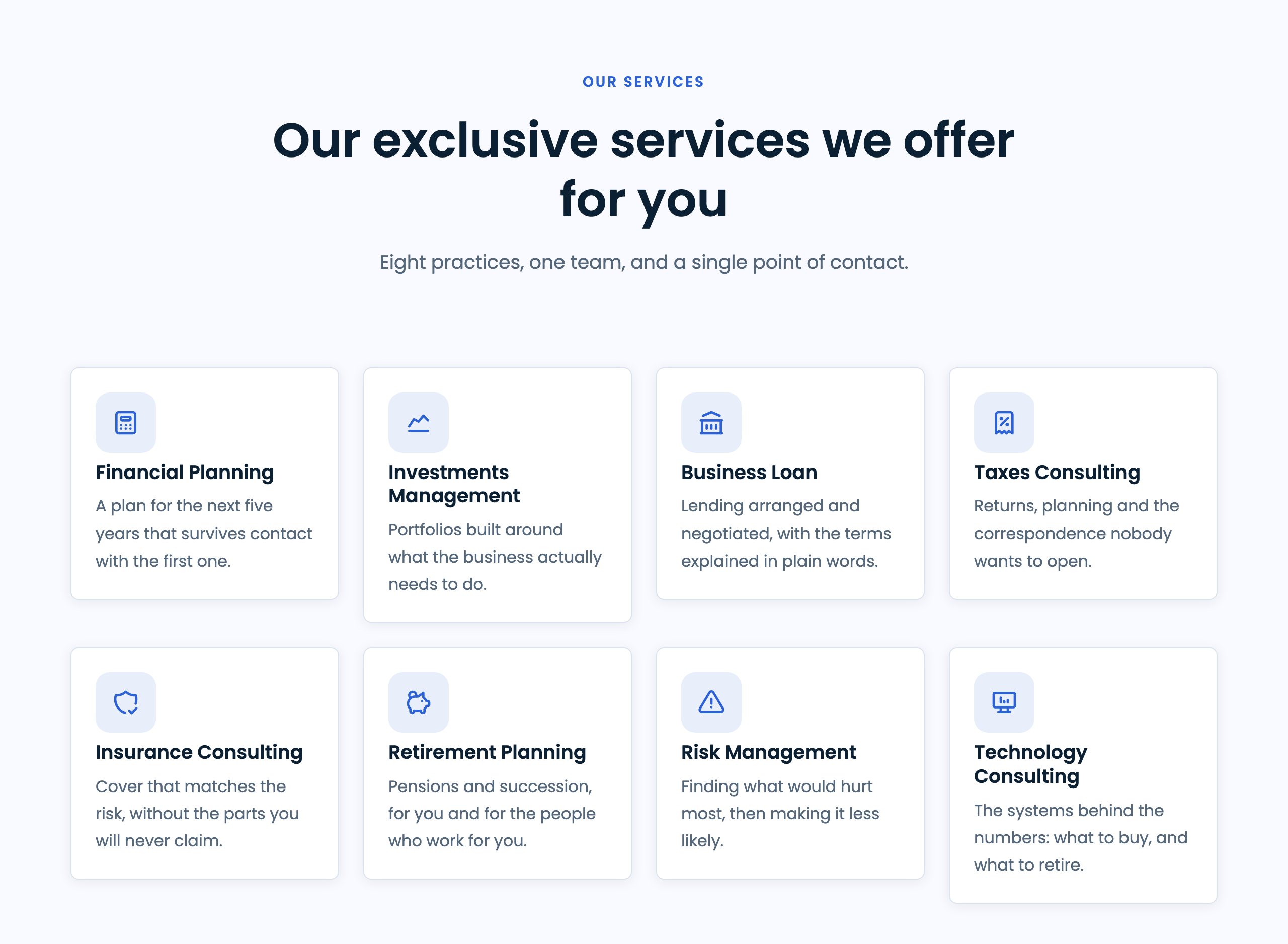 Unioncorp services section: eight service cards with icons in two rows, from Financial Planning to Technology Consulting