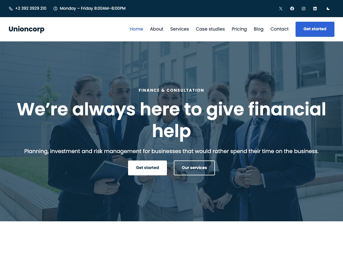 Unioncorp WordPress theme home page, with a team of consultants behind the headline and two buttons