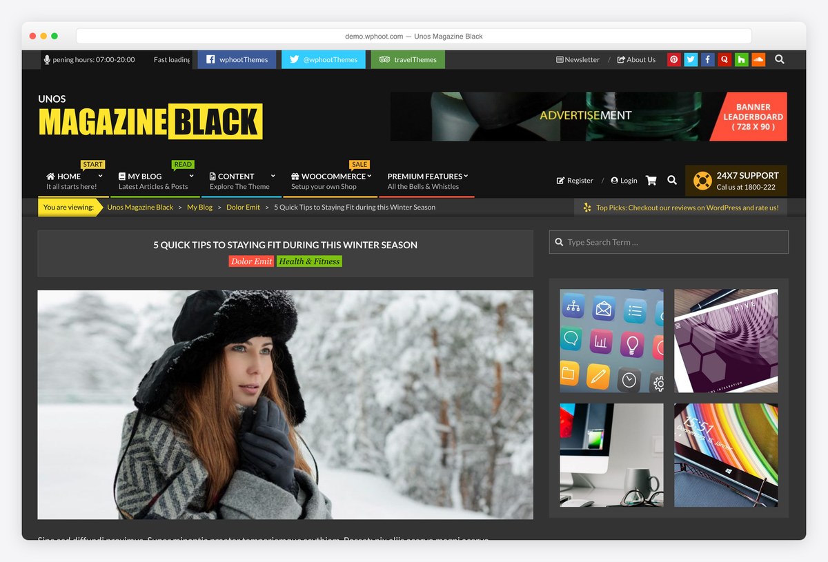 Unos Magazine Black free dark magazine theme demo