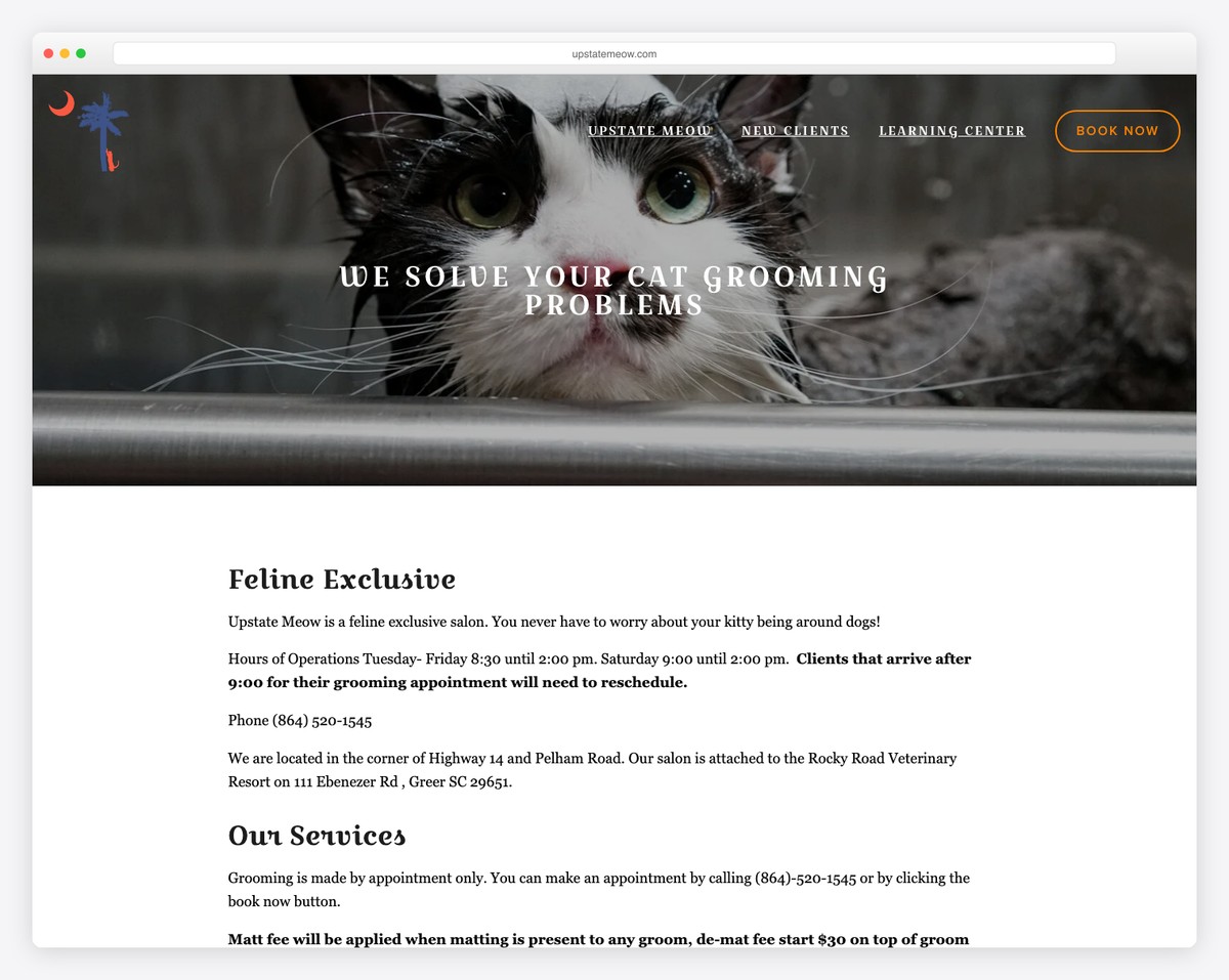 upstate meow cat grooming website