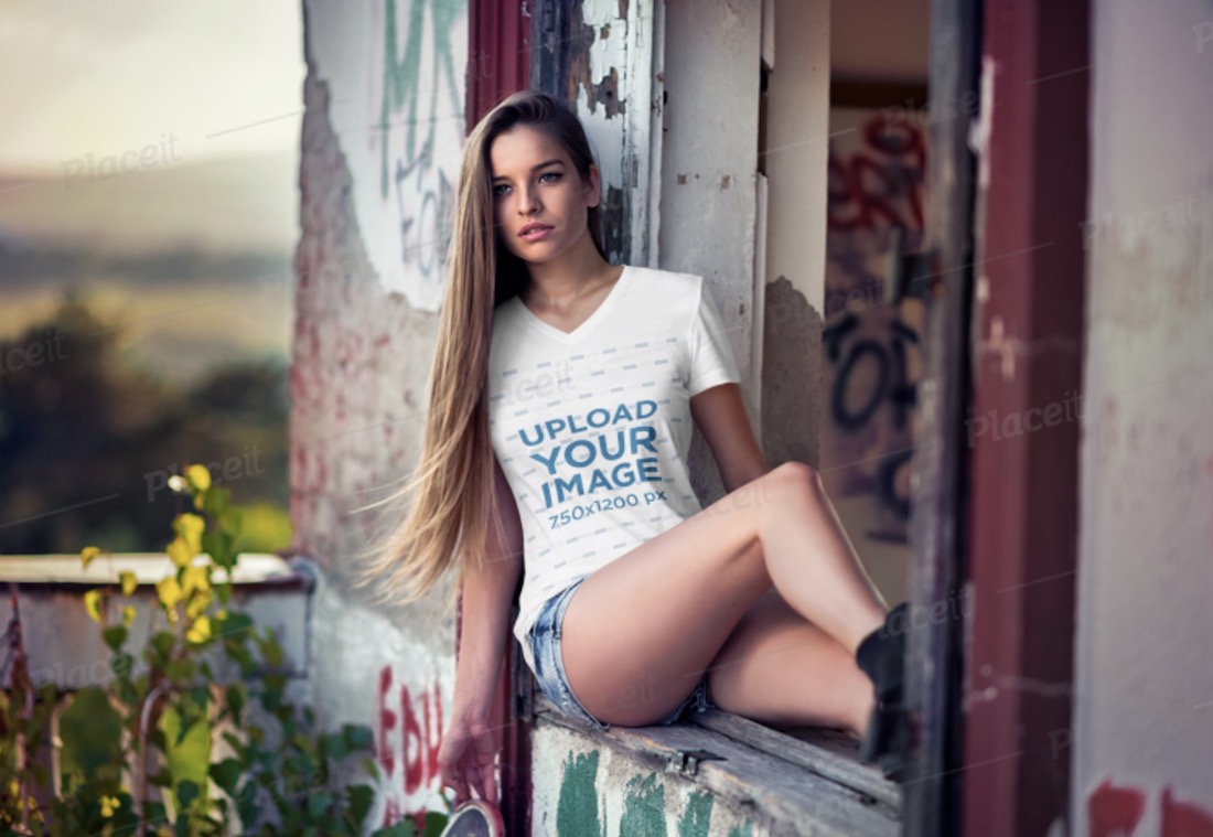 v-neck tee mockup of a woman sitting on the window