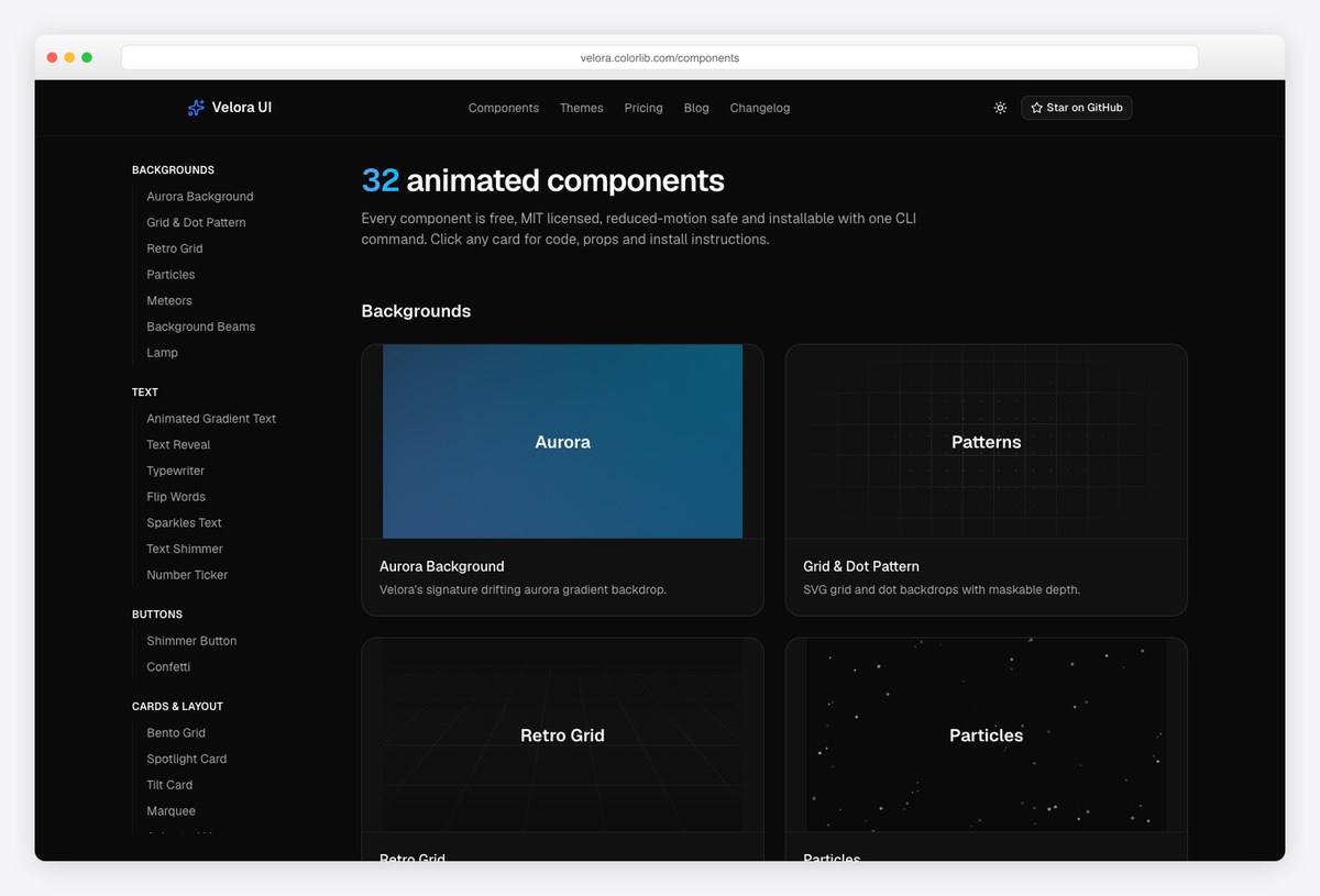 Velora UI — 32 free MIT animated React components for shadcn/ui, installable with one CLI command