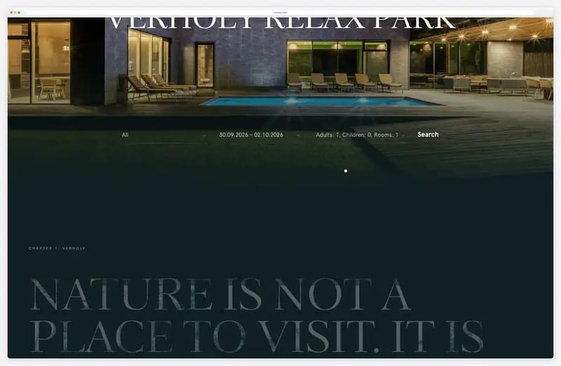 Verholy Relax Park website animation: title letters drifting apart over the hotel photo on scroll