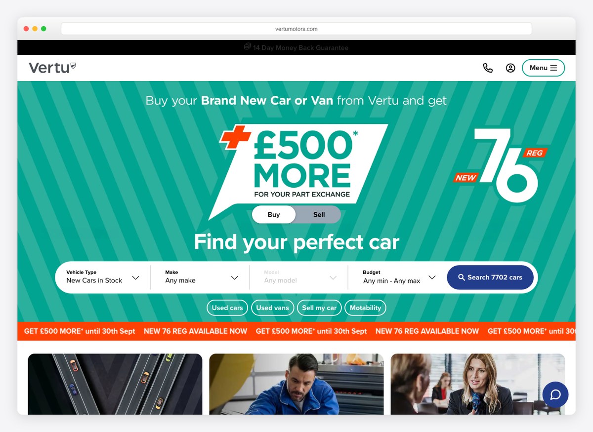 Vertu Motors car dealer website homepage